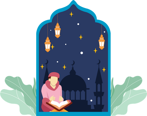Boy read Quran in Ramadan night  Illustration
