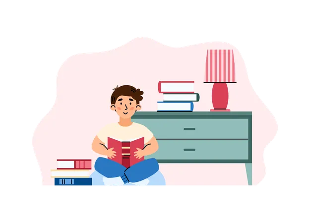 Boy reading a book at home  Illustration