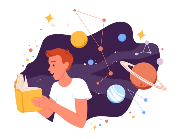 Boy reading about space  Illustration