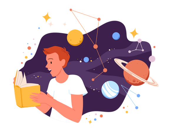 Boy reading about space  Illustration