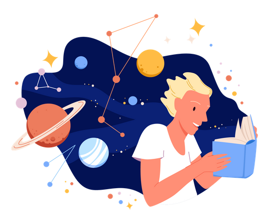 Boy reading about space system  Illustration