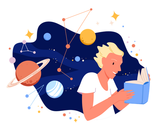 Boy reading about space system  Illustration