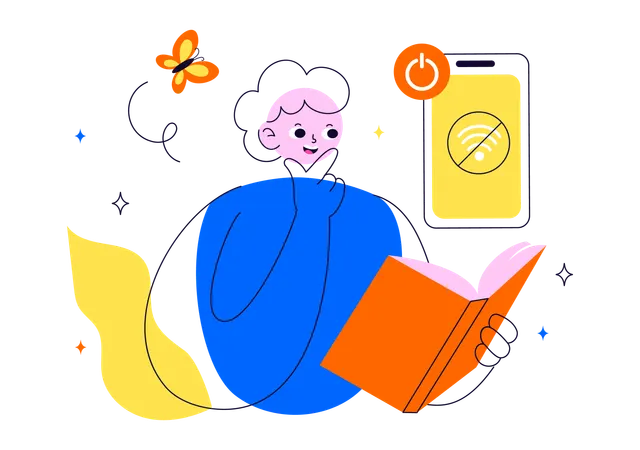 Boy reading book and doing digital detox  Illustration