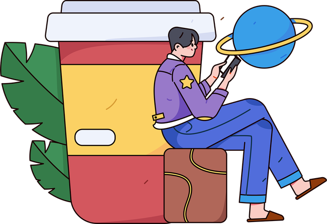 本を読みながらコーヒーを飲む少年  イラスト