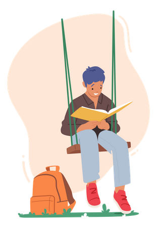 Boy reading book at school swing Illustration