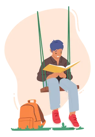 Boy reading book at school swing Illustration