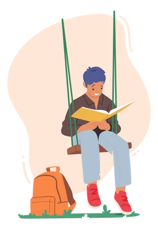 Boy reading book at school swing  Illustration