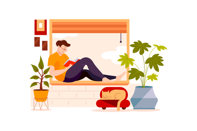 Boy reading book during quarantine  Illustration