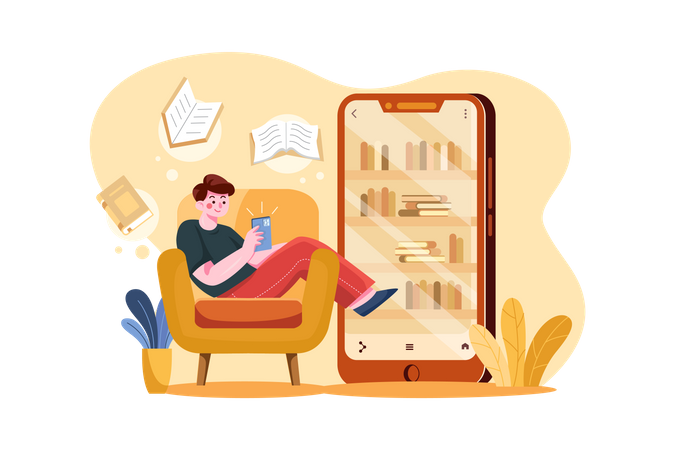 Boy reading book from E-library application  Illustration