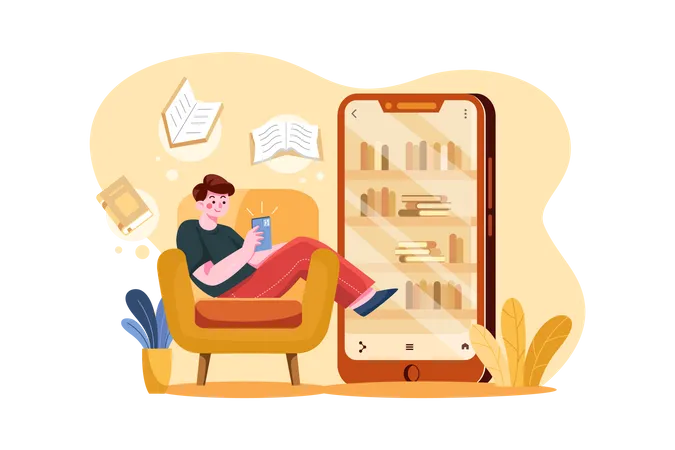 Boy reading book from E-library application  Illustration