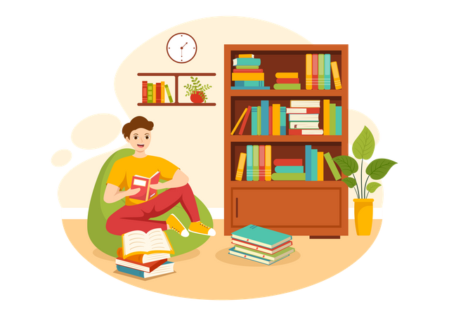 Boy reading book in home library  Illustration
