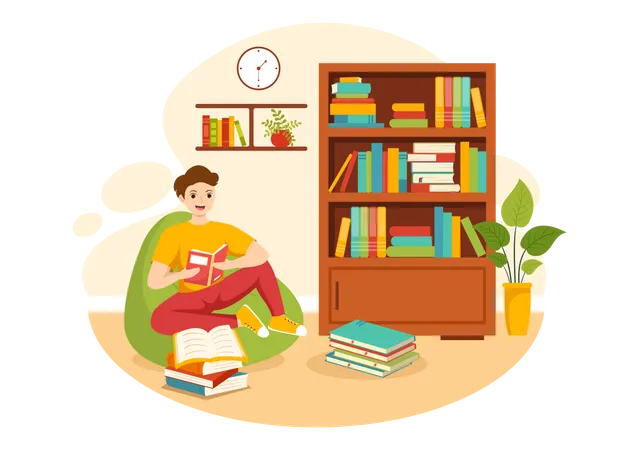 Boy reading book in home library  Illustration