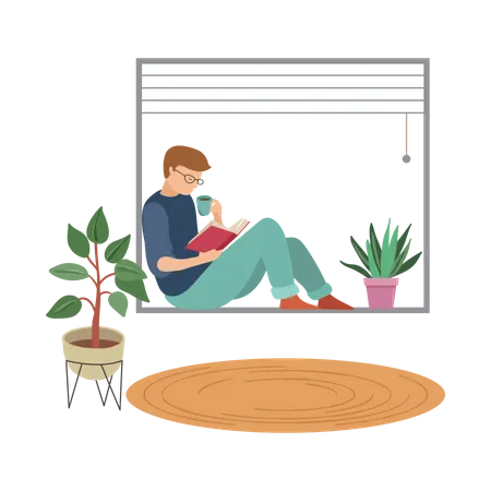 Boy reading book in house  Illustration