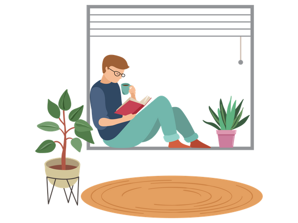 Boy reading book in house  Illustration