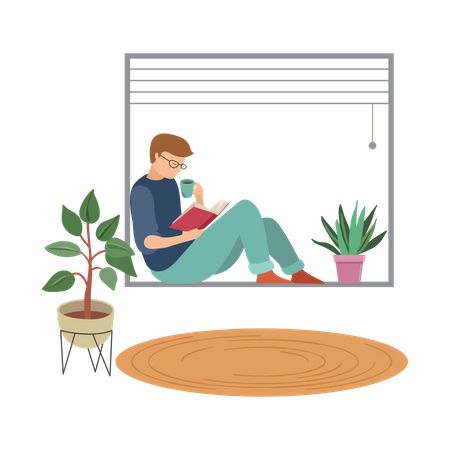 Boy reading book in house  イラスト