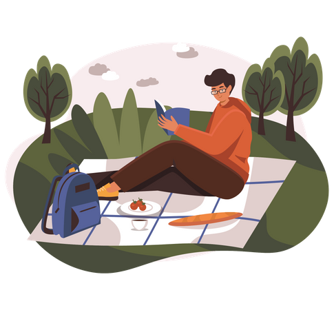 Boy reading book in park Illustration
