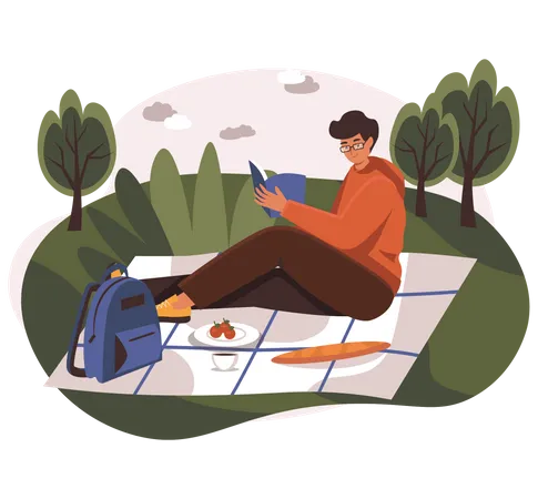 Boy reading book in park  Illustration