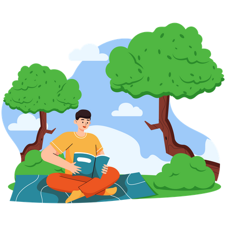 Boy Reading Book In Park  Illustration