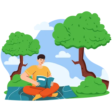 Boy Reading Book In Park  Illustration