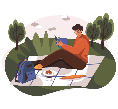 Boy reading book in park  Illustration