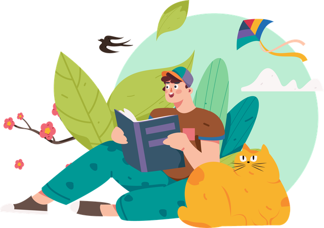 Boy reading book in park with cat  Illustration