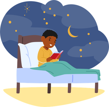 Boy reading book o bed in night  Illustration