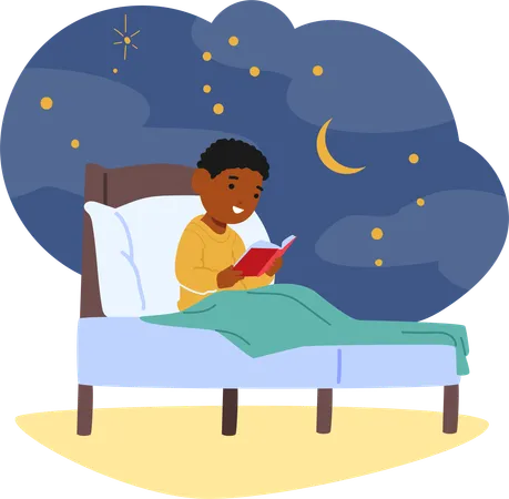 Curled Beneath Cozy Blankets Child Character Engrossed In A Book Bathed In The Soft Glow Of Stars Explores Distant Realms Through The Magic Of Storytelling Cartoon People Vector Illustration Illustration