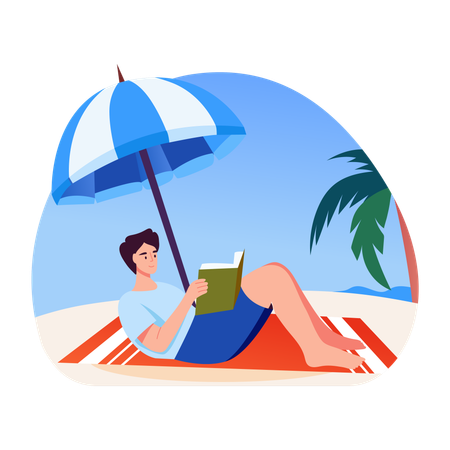 Boy reading book on beach  Illustration