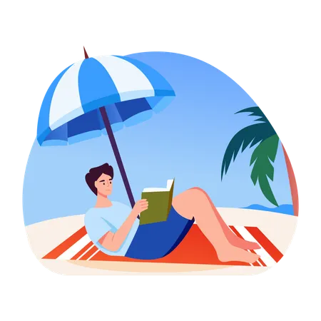 Boy reading book on beach  Illustration