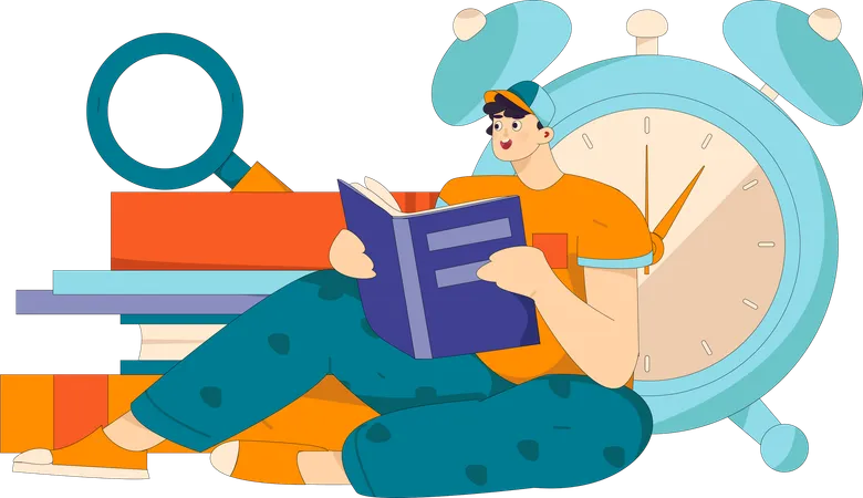 Boy Reading Book on time  Illustration