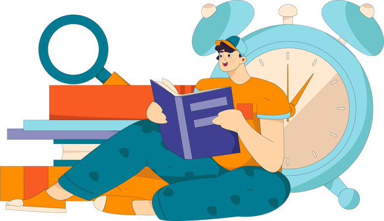 Boy Reading Book on time  Illustration