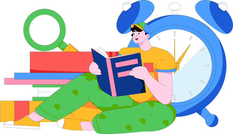 Boy Reading Book on time  Illustration