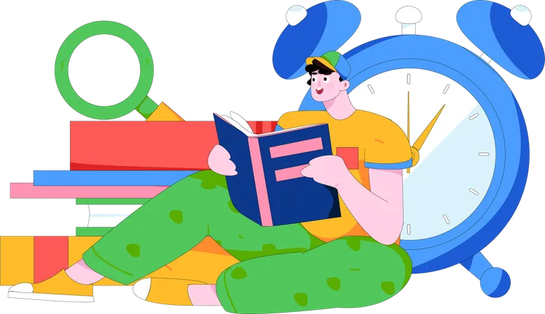 Boy Reading Book on time  Illustration