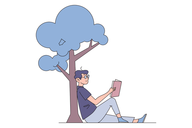 Boy Reading book sitting under tree  Illustration