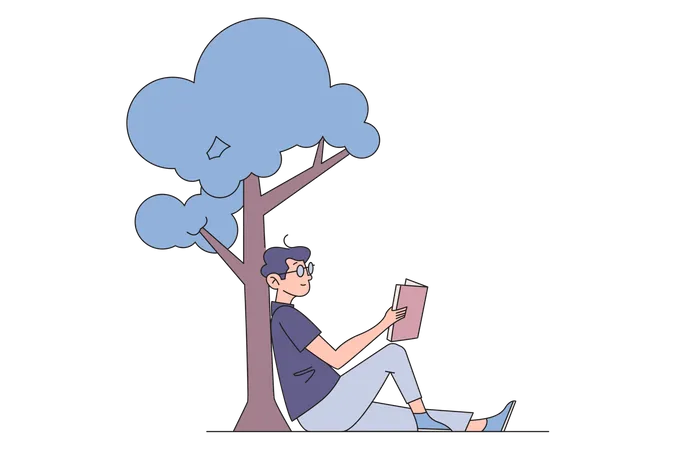 Boy Reading book sitting under tree Illustration