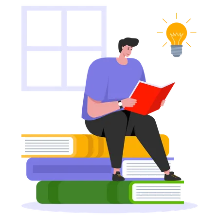 Boy reading book while generating ideas Illustration