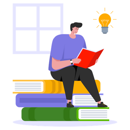 Boy reading book while generating ideas  Illustration