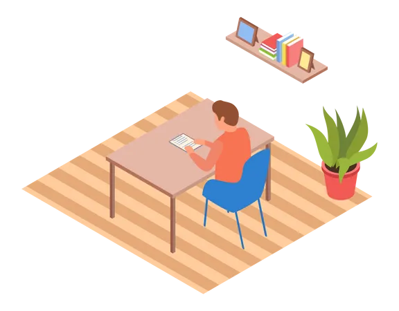 Young Man Reading Book Sitting At Table Back View Concept Living Room With Desk And Shelf With Literature On Wall Student Or Businessman Examines Document Reading As A Hobby Work Or Relax 일러스트레이션
