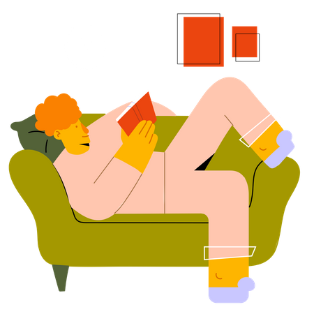 Boy reading book while relaxing on sofa Illustration