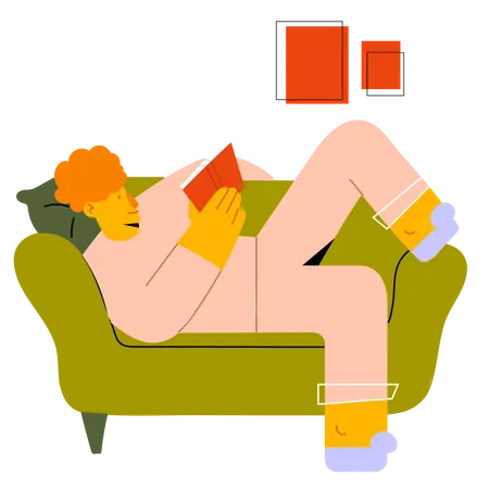 Boy reading book while relaxing on sofa  Illustration