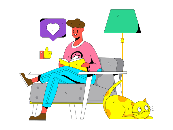 Boy reading book while resting on sofa  Illustration