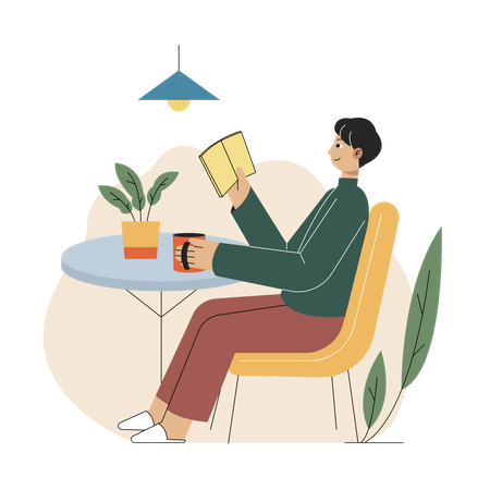 Boy reading book while sitting in cafe  일러스트레이션