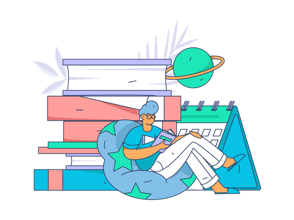 Boy reading book while sitting on beanbag  Illustration
