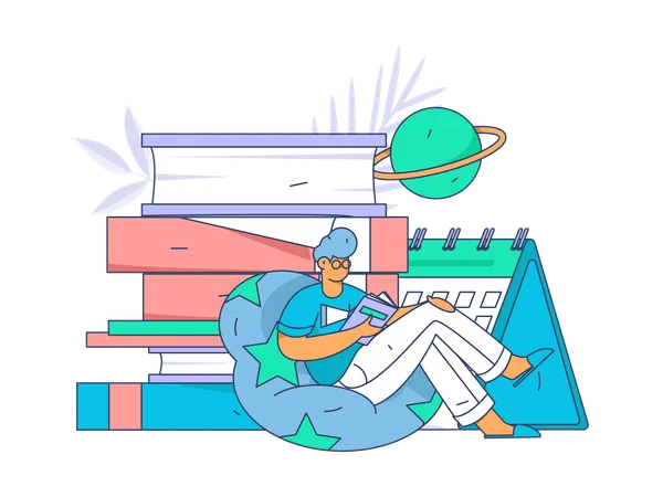 Boy reading book while sitting on beanbag  Illustration