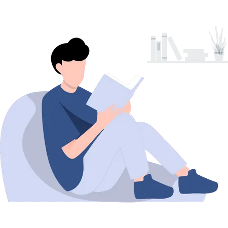 Boy reading book while sitting on beanbag  Illustration