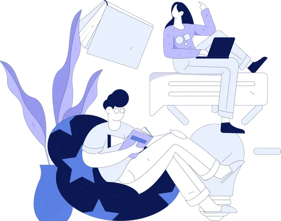 Boy reading book while sitting on beanbag  Illustration