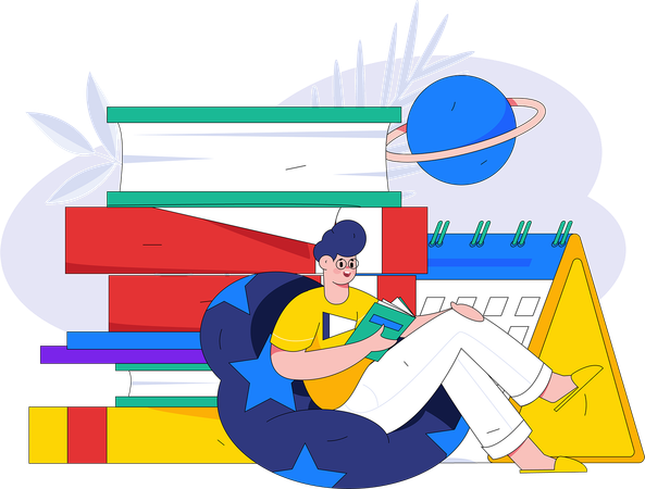 Boy reading book while sitting on beanbag  Illustration