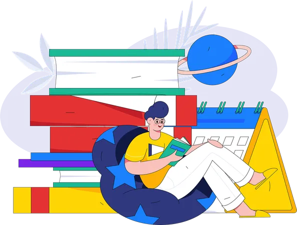 Boy reading book while sitting on beanbag  Illustration