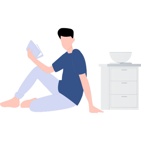 Boy reading book while sitting on floor Illustration