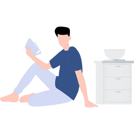 Boy reading book while sitting on floor Illustration